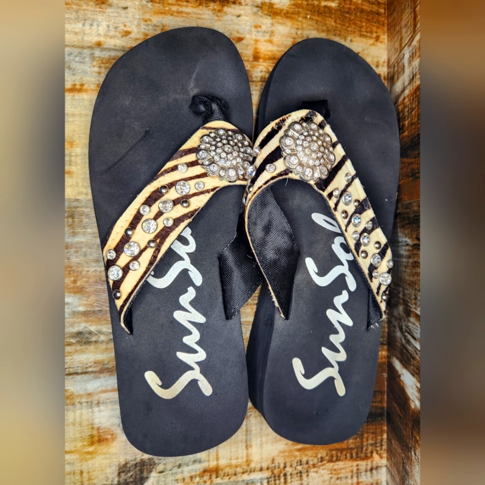 Sun Sol Platform Wedge Sandals Sz 8 Zebra Print Rhinestone Flip Flops y2k 90s